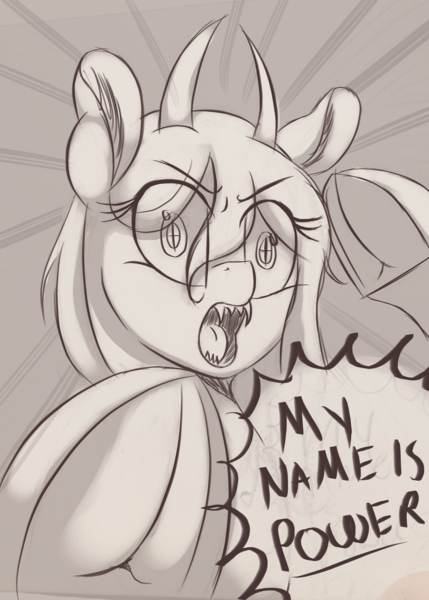 Size: 3000x4200 | Tagged: safe, artist:to_fat_to_fly, ponified, demon, demon pony, original species, pony, chainsaw man, dialogue, ear fluff, eye clipping through hair, female, frog (hoof), horns, image, mare, monochrome, open mouth, png, power (chainsaw man), sharp teeth, solo, teeth, underhoof