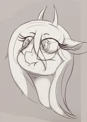 Size: 3000x4200 | Tagged: safe, artist:to_fat_to_fly, ponified, demon, demon pony, original species, pony, bust, chainsaw man, ear fluff, eye clipping through hair, female, horns, image, mare, monochrome, png, portrait, power (chainsaw man), solo
