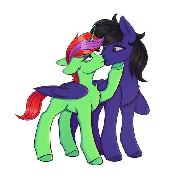 Size: 670x670 | Tagged: safe, artist:tanatos, derpibooru import, oc, oc:book binder, oc:night flash, pegasus, pony, unicorn, duo, hooves, hug, image, jpeg, kiss on the lips, kissing, looking at each other, looking at someone, romance, simple background, slim, tcp, unshorn fetlocks, white background, winghug, wings