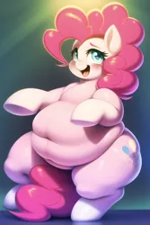 Size: 512x768 | Tagged: suggestive, derpibooru import, machine learning generated, novelai, stable diffusion, pinkie pie, earth pony, pony, belly, belly button, bipedal, blushing, fat, female, fupa, image, looking at you, obese, open mouth, open smile, piggy pie, png, pudgy pie, smiling, solo, solo female, thighs, thunder thighs