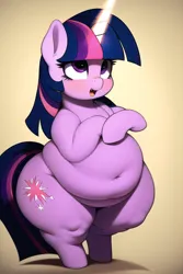 Size: 512x768 | Tagged: suggestive, derpibooru import, machine learning generated, novelai, stable diffusion, twilight sparkle, pony, unicorn, belly button, bipedal, blushing, fat, female, glow, glowing horn, horn, image, mare, obese, open mouth, open smile, png, smiling, solo, solo female, twilard sparkle, unicorn twilight