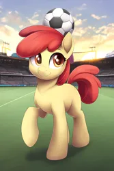 Size: 1536x2304 | Tagged: safe, derpibooru import, machine learning generated, novelai, stable diffusion, apple bloom, earth pony, pony, balancing, female, filly, foal, football, image, png, raised hoof, soccer field, solo, sports