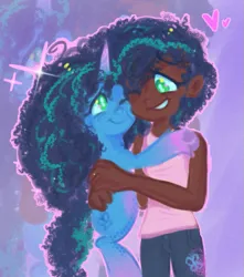 Size: 677x767 | Tagged: safe, artist:kreeeeeez, derpibooru import, human, pony, unicorn, g5, clothes, colored fetlocks, cutie mark, cutie mark on clothes, dark skin, derpibooru exclusive, doodle, duo, fake cutie mark, female, freckles, hug, human ponidox, humanized, image, mare, misty brightdawn, png, self paradox, self ponidox