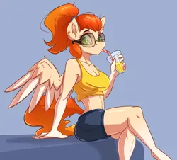 Size: 3040x2744 | Tagged: safe, artist:witchtaunter, derpibooru import, oc, oc:amity starfall, anthro, pegasus, art trade, clothes, crossed legs, drinking, ear fluff, female, image, juice, lemonade, png, ponytail, shorts, simple background, solo, spread wings, straw, straw in mouth, sunglasses, tanktop, wings