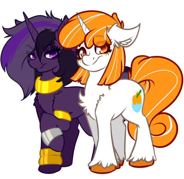 Size: 4096x4000 | Tagged: safe, artist:witchtaunter, derpibooru import, oc, oc:orange sherbet, oc:purple haze, unicorn, derpibooru community collaboration, 2023 community collab, bracelet, duo, eyelashes, eyeliner, horn, image, jewelry, makeup, png, unicorn oc, unshorn fetlocks