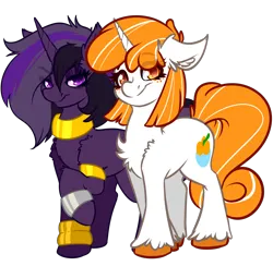 Size: 4096x4000 | Tagged: safe, artist:witchtaunter, derpibooru import, oc, oc:orange sherbet, oc:purple haze, unicorn, derpibooru community collaboration, 2023 community collab, bracelet, duo, eyelashes, eyeliner, horn, image, jewelry, makeup, png, unicorn oc, unshorn fetlocks