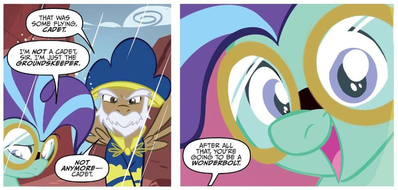 Size: 1334x636 | Tagged: safe, artist:nicoletta baldari, derpibooru import, idw, unnamed character, unnamed pony, wind sock, earth pony, pegasus, pony, spoiler:comic, spoiler:comic81, dialogue, duo, g4, goggles, image, jpeg, male, speech bubble, stallion, sweet dreams fuel