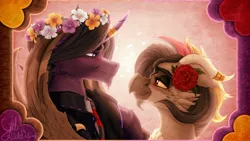 Size: 1920x1080 | Tagged: safe, artist:thatonegib, derpibooru import, oc, unofficial characters only, alicorn, bat pony, bat pony alicorn, gryphon, pony, bat wings, blushing, clothes, duo, female, floral head wreath, flower, flower in hair, griffon oc, horn, image, jacket, jewelry, jpeg, leather, leather jacket, looking at each other, looking at someone, male, male and female, ring, smiling, stallion, this will end in kisses, wedding ring, wings