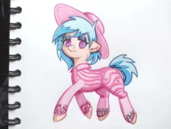 Size: 4080x3060 | Tagged: safe, derpibooru import, oc, pony, pony town, art trade, blue mane, clothes, colored pencil drawing, fancy, female, hat, image, jpeg, marker drawing, traditional art, trotting