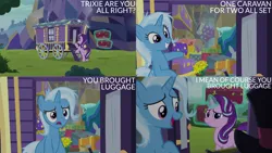 Size: 4400x2475 | Tagged: safe, derpibooru import, edit, edited screencap, editor:quoterific, screencap, starlight glimmer, trixie, pony, unicorn, road to friendship, female, glow, glowing horn, gritted teeth, horn, image, luggage, magic, magic aura, mare, messy mane, open mouth, png, smiling, teeth, telekinesis, trixie's wagon, wagon