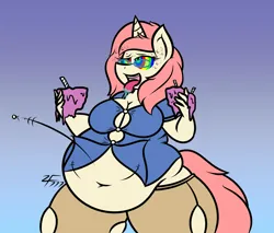 Size: 4000x3400 | Tagged: suggestive, artist:zeldafan777, derpibooru import, oc, oc:rose pendant, unofficial characters only, anthro, pony, unicorn, cake, fat, fat fetish, female, fetish, food, hypno eyes, hypnosis, image, mare, png, solo, solo female, stuffed belly, wardrobe malfunction, weight gain