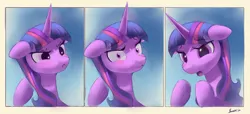 Size: 5355x2448 | Tagged: safe, artist:auroriia, derpibooru import, twilight sparkle, twilight sparkle (alicorn), alicorn, pony, :c, blue background, blushing, expressions, female, frown, high res, image, looking at you, mare, open mouth, pinpoint eyes, png, raised hoof, raised hooves, simple background, solo