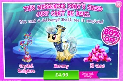 Size: 1964x1298 | Tagged: safe, derpibooru import, official, mercury, starry eyes (character), crystal pony, pony, advertisement, bag, clothes, costs real money, crystal, english, female, gameloft, gem, hat, image, jpeg, mailbag, mailmare, mare, numbers, sale, shirt, shoes, solo, solo focus, text