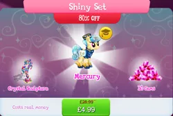 Size: 1270x850 | Tagged: safe, derpibooru import, official, mercury, starry eyes (character), crystal pony, pony, bag, bundle, clothes, costs real money, crystal, english, female, gameloft, gem, hat, image, jpeg, mailbag, mailmare, mare, numbers, sale, shirt, shoes, solo, solo focus, text