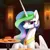 Size: 1024x1024 | Tagged: safe, derpibooru import, editor:dovakkins, machine learning generated, prompter:dovakkins, purplesmart.ai, stable diffusion, princess celestia, alicorn, pony, alternate hairstyle, beautiful, bust, cute, female, food, image, jewelry, missing accessory, png, raised eyebrow, restaurant, smiling, solo