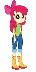 Size: 960x1920 | Tagged: safe, derpibooru import, edit, vector edit, apple bloom, equestria girls, equestria girls series, adorabloom, alternate clothes, belt, bow, clothes, cute, denim, female, hair bow, image, jeans, pants, png, shirt, shoes, short jeans, simple background, solo, transparent background, vector