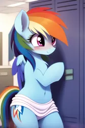 Size: 512x768 | Tagged: suggestive, derpibooru import, machine learning generated, novelai, stable diffusion, rainbow dash, pegasus, pony, semi-anthro, bipedal, blushing, embarrassed, female, image, locker room, mare, png, solo, solo female, towel, towel around waist