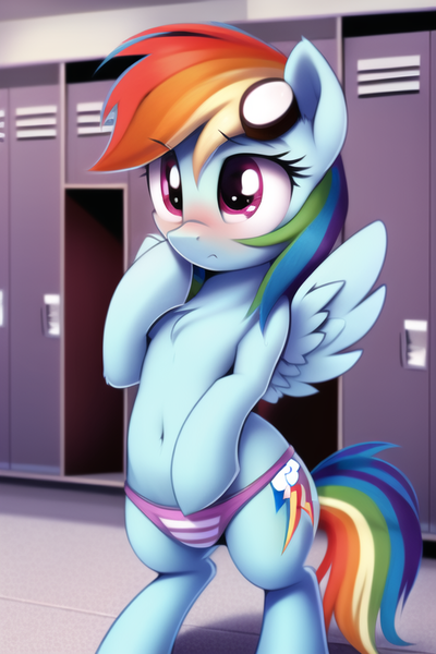 Size: 512x768 | Tagged: suggestive, derpibooru import, machine learning generated, novelai, stable diffusion, rainbow dash, pegasus, pony, semi-anthro, bipedal, blushing, clothes, embarrassed, female, goggles, goggles on head, image, locker room, mare, png, purple underwear, solo, solo female, sports panties, striped underwear, underwear