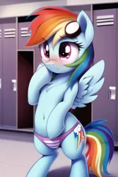 Size: 512x768 | Tagged: suggestive, derpibooru import, machine learning generated, novelai, stable diffusion, rainbow dash, pegasus, pony, semi-anthro, bipedal, blushing, clothes, embarrassed, female, goggles, goggles on head, image, locker room, mare, png, purple underwear, solo, solo female, sports panties, striped underwear, underwear