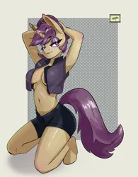 Size: 1946x2496 | Tagged: suggestive, artist:i love hurt, derpibooru import, oc, oc:lavrushka, unofficial characters only, anthro, pony, unguligrade anthro, unicorn, absolute cleavage, arm behind head, armpits, bedroom eyes, belly button, big breasts, braless, breasts, cleavage, clothes, female, image, jpeg, kneeling, mare, open clothes, open mouth, smiling, smiling at you, solo, solo female