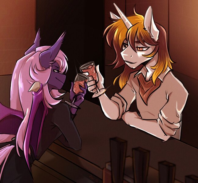 Size: 1590x1472 | Tagged: safe, artist:pixxpal, derpibooru import, oc, oc:lilac night, unofficial characters only, anthro, bat pony, unicorn, bar, barista, cheers, clothes, cute, drink, female, glass, image, jpeg, looking at each other, looking at someone, male, oc x oc, romantic, shipping, smiling, straight, table