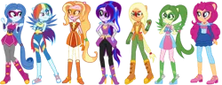 Size: 500x192 | Tagged: safe, luster dawn, sunset shimmer, oc, equestria girls, boots, clothes, crystal guardian, high heel boots, image, jeans, pants, png, shirt, shoes, solo