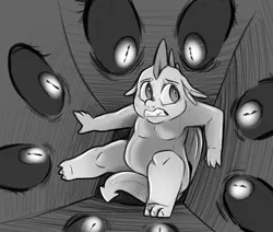 Size: 1259x1068 | Tagged: safe, artist:smirk, derpibooru import, spike, oc, oc:boogeymare, black sclera, claustrophobia, fear, grayscale, image, monochrome, nightmare fuel, png, scared