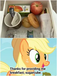 Size: 1500x1999 | Tagged: safe, derpibooru import, applejack, apple, arabic, coffee, donut, food, happy, image, jpeg, juice, muffin, qatar, sandwich, water bottle