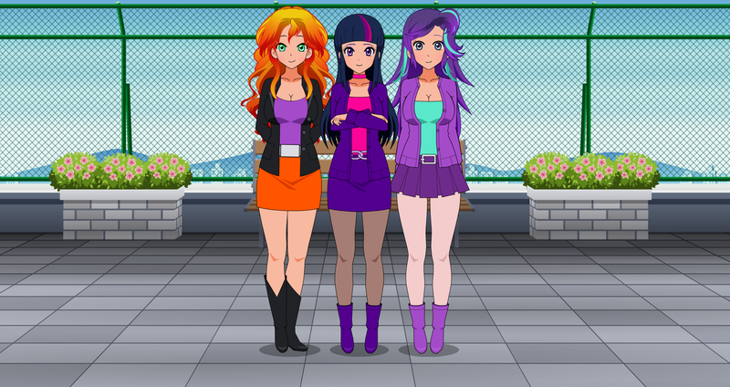 Size: 1920x1017 | Tagged: safe, artist:twilightcloversuper8, derpibooru import, starlight glimmer, sunset shimmer, twilight sparkle, human, belt, belt buckle, boots, clothes, high heel boots, high heels, humanized, image, jacket, kisekae, leather, leather boots, leather jacket, legs, pantyhose, pencil skirt, pleated skirt, png, shirt, shoes, skirt, sweater, vest