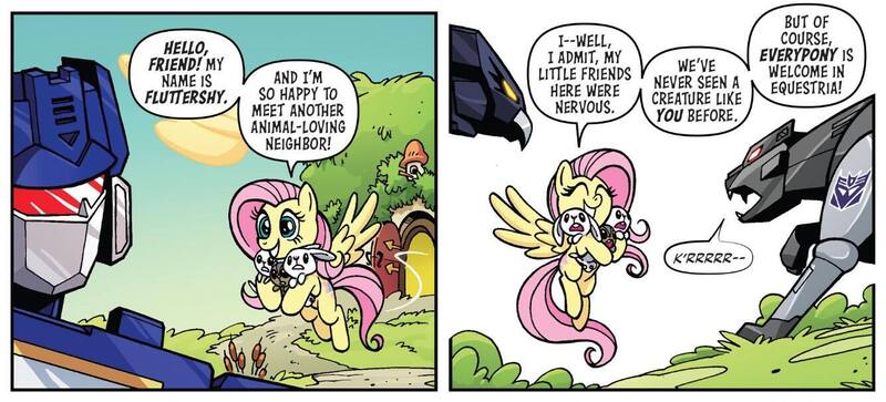 Size: 1334x605 | Tagged: safe, artist:jack lawrence, derpibooru import, idw, fluttershy, chipmunk, pegasus, pony, rabbit, spoiler:comic, spoiler:friendship in disguise, spoiler:friendship in disguise03, animal, crossover, decepticon, dialogue, duo focus, female, friendship in disguise, g4, image, jpeg, laserbeak, male, mare, ravage, soundwave, transformers