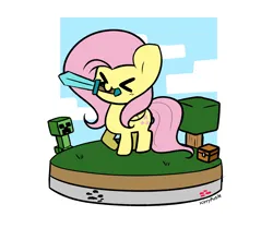 Size: 4433x3711 | Tagged: safe, artist:kittyrosie, derpibooru import, fluttershy, pegasus, pony, ><, chest, creeper, diamond sword, eyes closed, image, minecraft, mouth hold, png, sword, tree, weapon