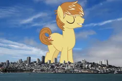Size: 2048x1365 | Tagged: safe, artist:hendro107, artist:jaredking779, derpibooru import, feather bangs, earth pony, pony, california, eyes closed, giant pony, giant/macro earth pony, highrise ponies, image, irl, jpeg, macro, male, mega giant, photo, ponies in real life, san francisco, smiling, solo, stallion
