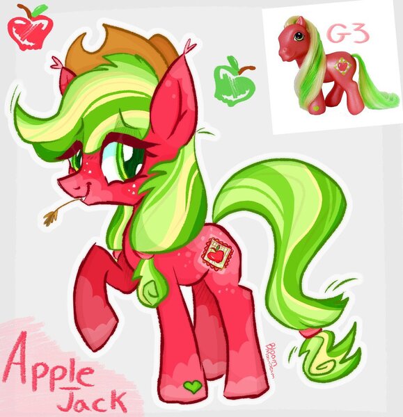 Size: 1033x1071 | Tagged: safe, artist:bloommoonbeam, derpibooru import, applejack, applejack (g3), apple, applejack's hat, cowboy hat, food, freckles, g3, g3 to g4, g4, generation leap, green eyes, green mane, green tail, hat, image, jpeg, red coat, redesign, tail, twitter link, yellow mane, yellow tail