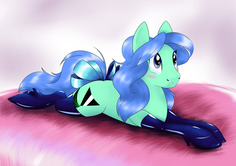 Size: 4096x2876 | Tagged: questionable, derpibooru import, oc, oc:spearmint, earth pony, horse, bed, blushing, boots, bow, centaurworld, clothes, cosplay, costume, crossdressing, cute, image, latex, lying down, png, shoes, solo, tail, tail bow