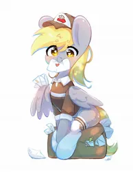 Size: 1590x2048 | Tagged: safe, artist:bubbletea, derpibooru import, derpy hooves, pegasus, pony, clothes, cute, derpabetes, female, hat, image, jpeg, letter, looking at you, mailmare, mouth hold, simple background, sitting, socks, solo, white background