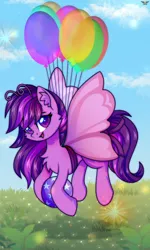 Size: 3000x4996 | Tagged: safe, artist:leah minik, derpibooru import, oc, oc:emilia starsong, unofficial characters only, breezie, pegasus, pony, ball, balloon, breeziefied, butterfly wings, catchlights, chest fluff, cloud, commission, cute, ear fluff, female, floating, flying, full body, grass, grass field, happy, heart, heart eyes, image, looking at you, mare, open mouth, open smile, pegasus oc, png, purple eyes, purple mane, purple tail, sky, sky background, smiling, solo, sparkles, species swap, tail, that pony sure does love balloons, wingding eyes, wings