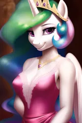 Size: 1536x2304 | Tagged: safe, derpibooru import, machine learning generated, stable diffusion, princess celestia, alicorn, anthro, pony, big breasts, breasts, busty princess celestia, cleavage, clothes, crown, dress, female, horn, image, jewelry, mare, png, regalia, smiling, solo, solo female, wings