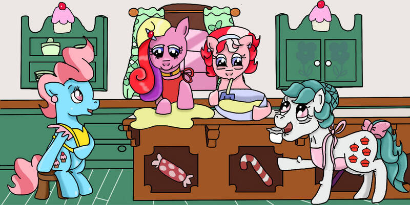 Size: 1263x633 | Tagged: safe, artist:kartaltheartist, derpibooru import, cup cake, cupcake (g1), cupcake (g2), cupcake (g4), earth pony, pony, 2017, apron, aunt and niece, baking, bow, bowl, cabinet, clothes, cousins, ear piercing, earring, elderly, female, g1, g1 to g4, g2, g2 to g4, g4, generation leap, hairclip, image, implied pound cake, implied pumpkin cake, jewelry, jpeg, mare, mixing bowl, mother and child, mother and daughter, piercing, pregnant, siblings, sisters, sugarcube corner, tail, tail bow