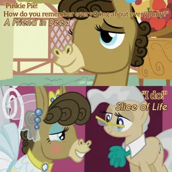 Size: 3072x3072 | Tagged: safe, derpibooru import, edit, edited screencap, editor:itsmgh1203, screencap, matilda, mayor mare, donkey, earth pony, pony, a friend in deed, season 2, season 5, slice of life (episode), clothes, crying, dress, duo, duo female, female, image, jpeg, ponyville town hall, smiling, tears of joy, text