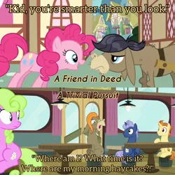 Size: 3072x3072 | Tagged: safe, derpibooru import, edit, edited screencap, editor:itsmgh1203, screencap, cranky doodle donkey, daisy, flower wishes, pinkie pie, donkey, earth pony, pony, unicorn, a friend in deed, a trivial pursuit, season 2, season 9, spoiler:s09, female, image, jpeg, male, mare, open mouth, open smile, smiling, stallion, text