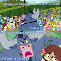 Size: 3072x3072 | Tagged: safe, derpibooru import, edit, edited screencap, editor:itsmgh1203, screencap, amethyst star, daisy, doctor whooves, flower wishes, iron will, lemon hearts, lily, lily valley, minuette, roseluck, time turner, yona, earth pony, minotaur, pegasus, pony, unicorn, yak, a matter of principals, putting your hoof down, season 2, season 8, spoiler:s08, eyes closed, female, flower trio, image, jpeg, male, mare, open mouth, open smile, smiling, stallion, text