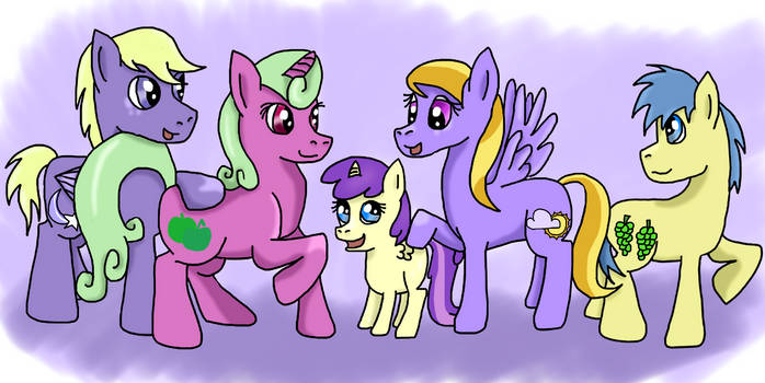 Size: 698x350 | Tagged: safe, artist:kartaltheartist, derpibooru import, alula, apple stars, cloud kicker, goldengrape, pluto, princess erroria, sir colton vines iii, stormfeather, earth pony, pegasus, pony, unicorn, 2016, 4chan, blank flank, brother and sister, family, father and child, father and daughter, father and son, female, filly, foal, headcanon, image, jpeg, male, mare, mother and child, mother and daughter, mother and son, siblings, sisters, stallion