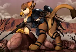 Size: 3284x2244 | Tagged: suggestive, artist:pridark, derpibooru import, oc, unofficial characters only, gryphon, armor, butt, clothes, commission, eared griffon, female, griffon oc, gun, high res, image, looking back, open mouth, png, presenting, rifle, rock, scenery, sniper rifle, solo, uniform, weapon