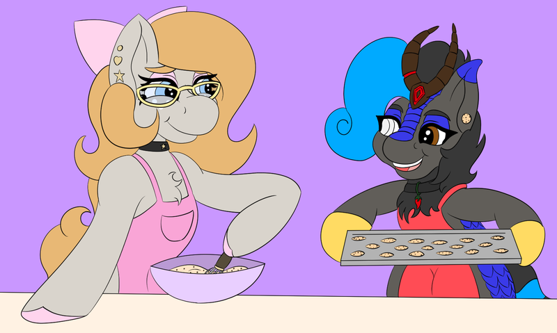 Size: 1600x957 | Tagged: safe, artist:gray star, derpibooru import, oc, oc:gray star, oc:heccin pepperino, earth pony, kirin, apron, baking, bow, clothes, cookie, female, food, freckles, glasses, hair bow, image, oven mitts, png