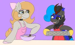 Size: 1600x957 | Tagged: safe, artist:gray star, derpibooru import, oc, oc:gray star, oc:heccin pepperino, earth pony, kirin, apron, baking, bow, clothes, cookie, female, food, freckles, glasses, hair bow, image, oven mitts, png