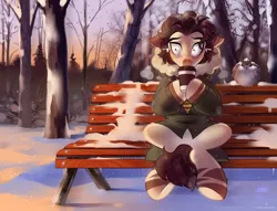 Size: 2600x1985 | Tagged: safe, artist:zlatavector, derpibooru import, oc, unofficial characters only, bird, earth pony, pony, bench, coffee cup, cup, forest, image, male, park, parka, png, raffle prize, snow, solo, stallion, tree, winter
