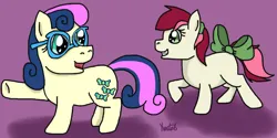 Size: 1263x633 | Tagged: safe, artist:kartaltheartist, derpibooru import, bon bon, roseluck, sweetie drops, earth pony, pony, 2016, blank flank, bow, duo, duo female, female, filly, filly bon bon, filly roseluck, filly sweetie drops, foal, glasses, image, jpeg, purple background, shadow, siblings, signature, simple background, sisters, tail, tail bow, twisted bon bon
