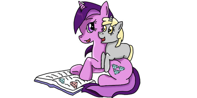 Size: 1263x633 | Tagged: safe, artist:kartaltheartist, derpibooru import, amethyst star, dinky hooves, pony, unicorn, 2016, blank flank, book, duo, duo female, female, filly, foal, gem, image, jpeg, lying down, lying on top of someone, mare, siblings, simple background, sisters, white background