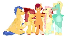 Size: 1280x640 | Tagged: safe, artist:itstechtock, derpibooru import, flash magnus, flash sentry, fluttershy, sunny delivery, zephyr breeze, pony, image, jpeg, race swap, simple background, white background