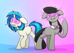 Size: 2274x1620 | Tagged: safe, artist:moonatik, derpibooru import, octavia melody, vinyl scratch, earth pony, pony, unicorn, abstract background, bowtie, emanata, female, hypnogear, hypnogoggles, hypnosis, image, mare, pleasure, png, struggling